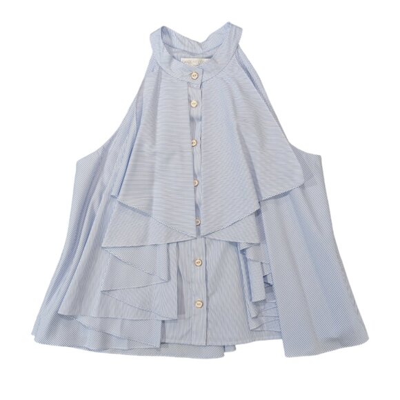 CAROLINE CONSTAS Like New Adrie Striped Ruffle Blouse L Blue White Sleeveless - Picture 4 of 14